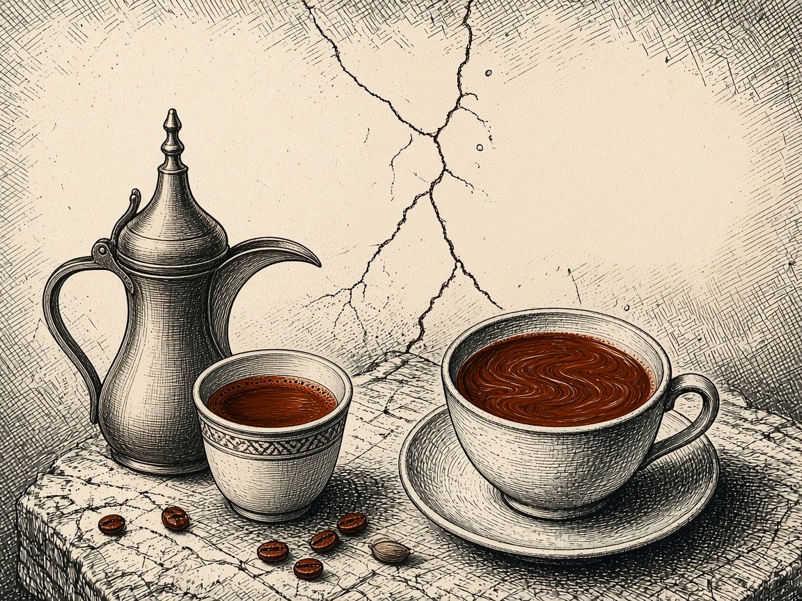 Engraving: a brass dallah and a small handleless finjan beside a Western cup on a saucer, coffee in both; a dry crack runs across the plaster wall behind.