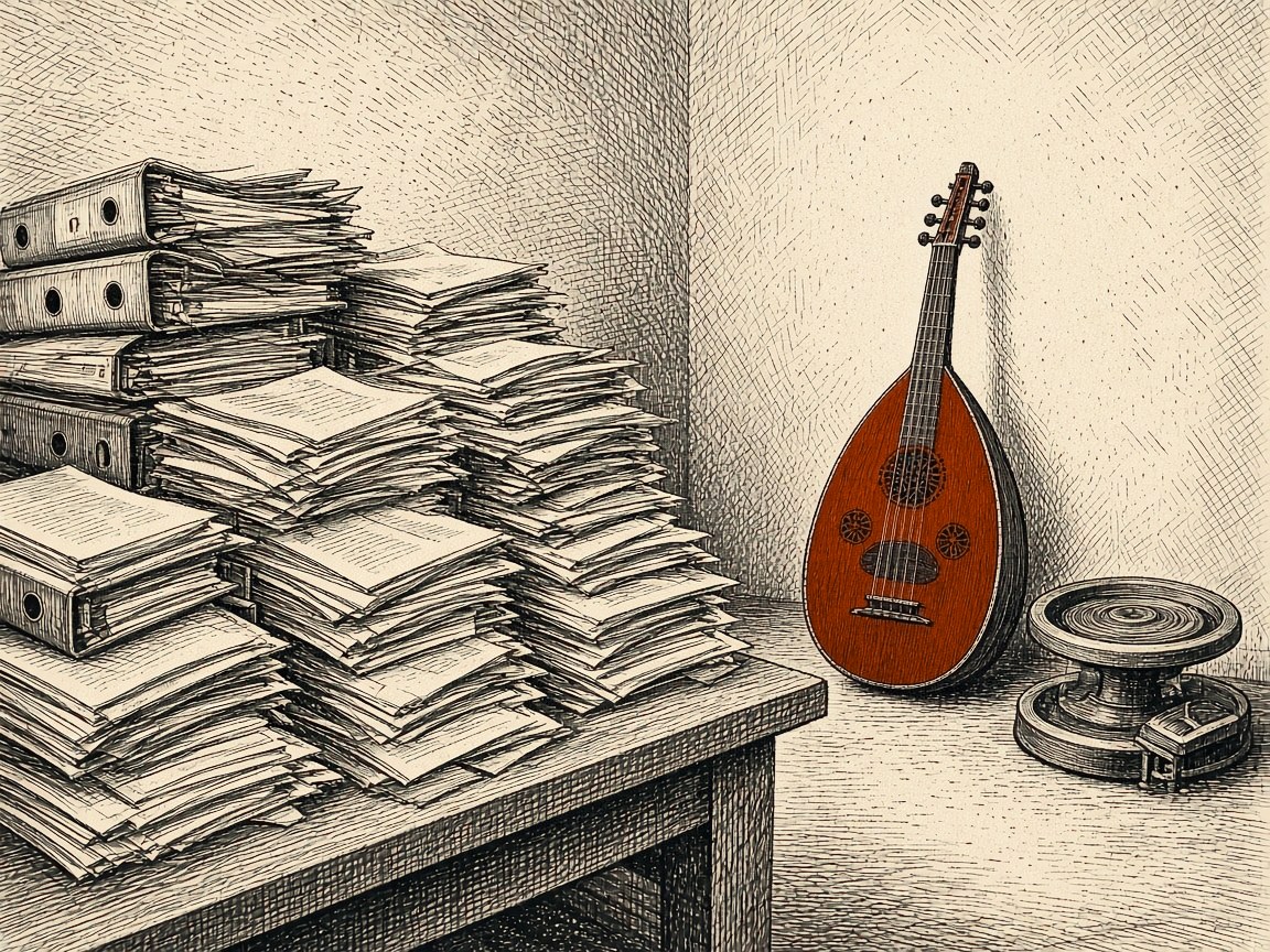 Engraving: a desk buried under stacks of reports and binders; an oud and a potter's wheel wait in the corner.