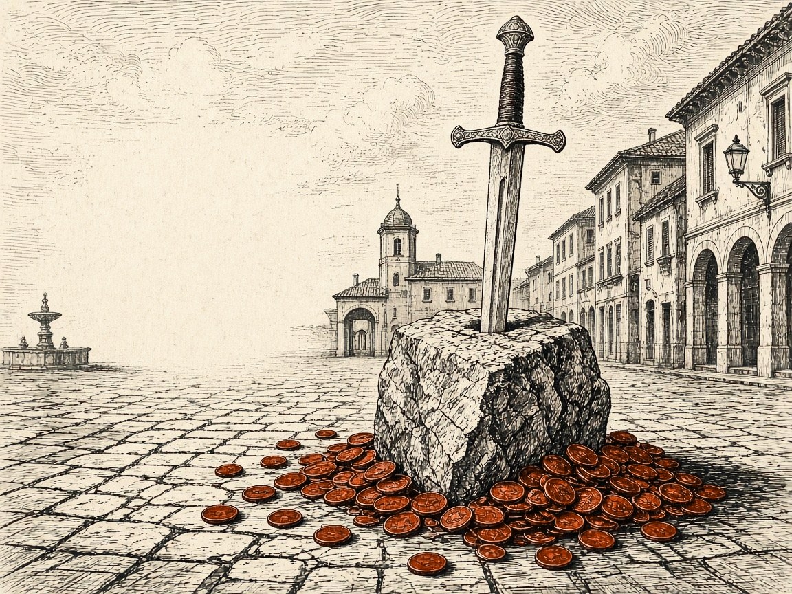 Engraving: a sword set in a stone in an empty town square, coins spilling around its base.