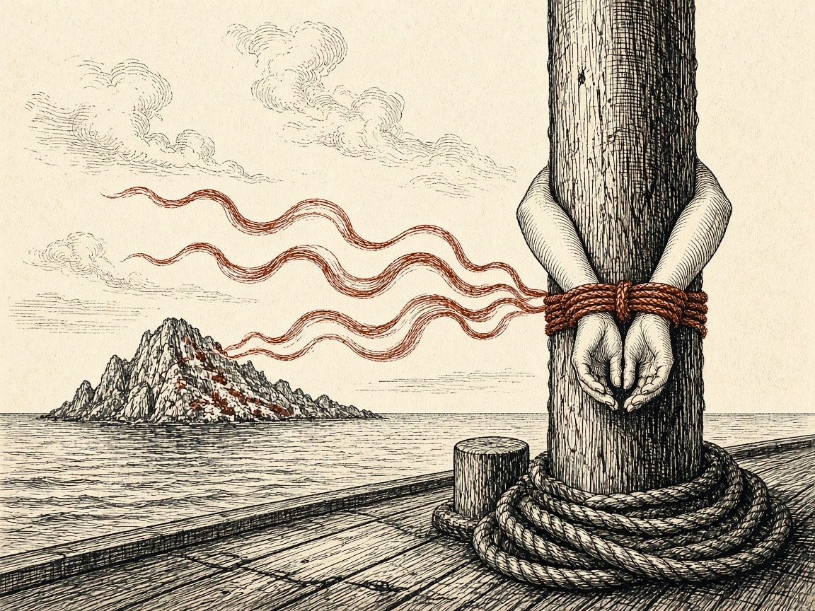 Engraving: hands bound with rope around a ship's mast while ribbons of song drift from a rocky island.