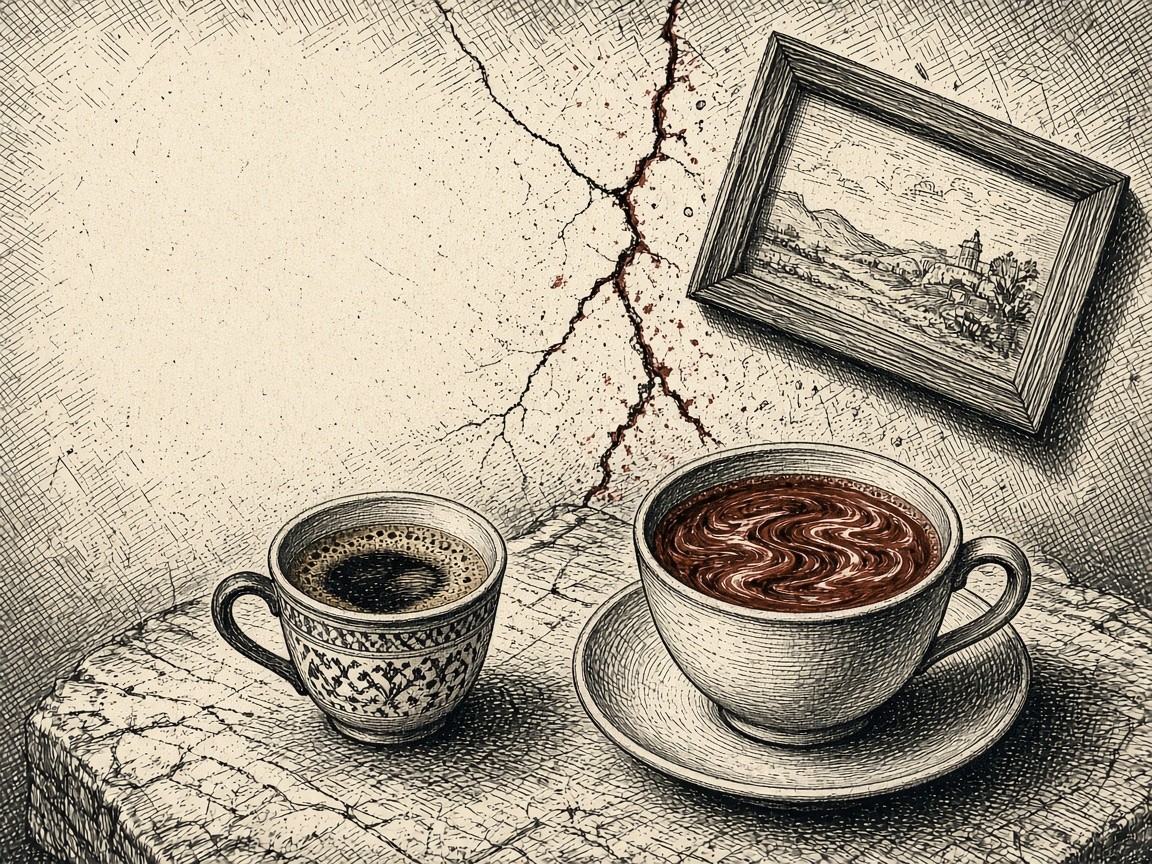 Engraving: two coffee cups on a café table, a small Arabic cup and a Western cup whose coffee ripples; a crack runs across the wall behind and a framed picture hangs askew.