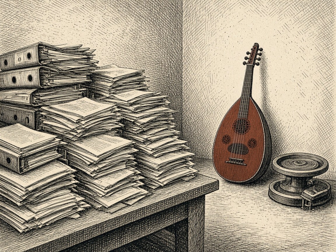 Engraving: a desk buried under stacks of reports and binders; an oud and a potter's wheel wait in the corner.