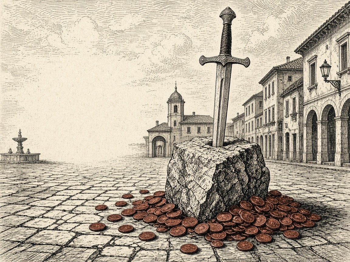 Engraving: a sword set in a stone in an empty town square, coins spilling around its base.