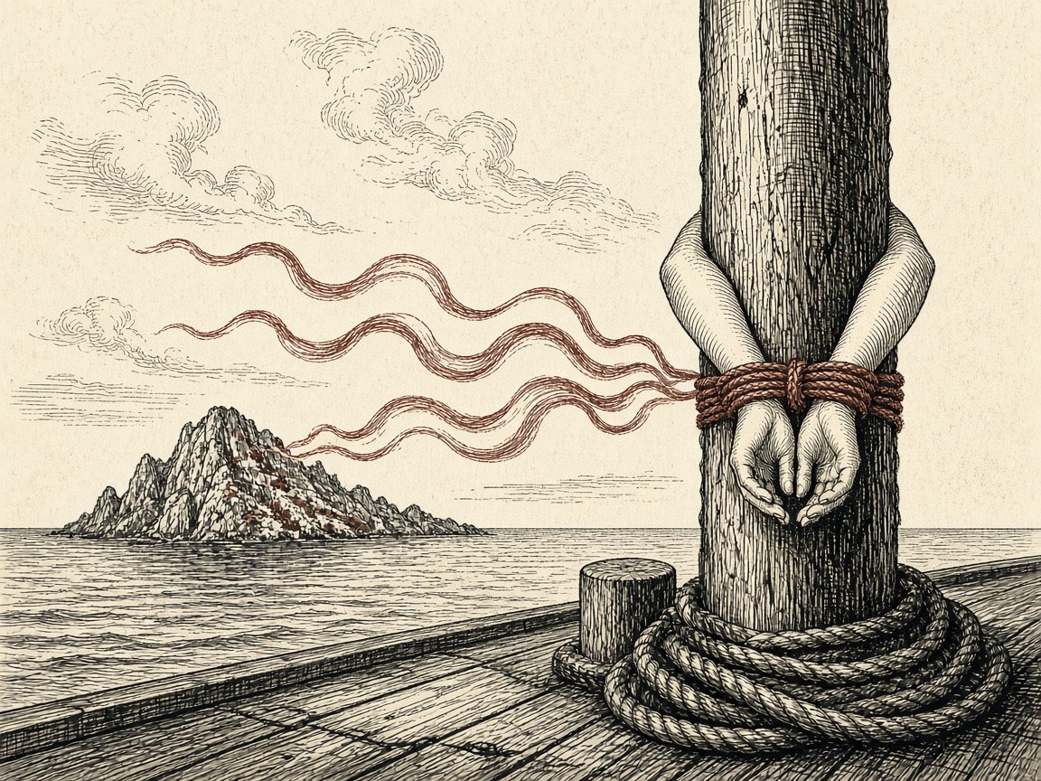 Engraving: hands bound with rope around a ship's mast while ribbons of song drift from a rocky island.